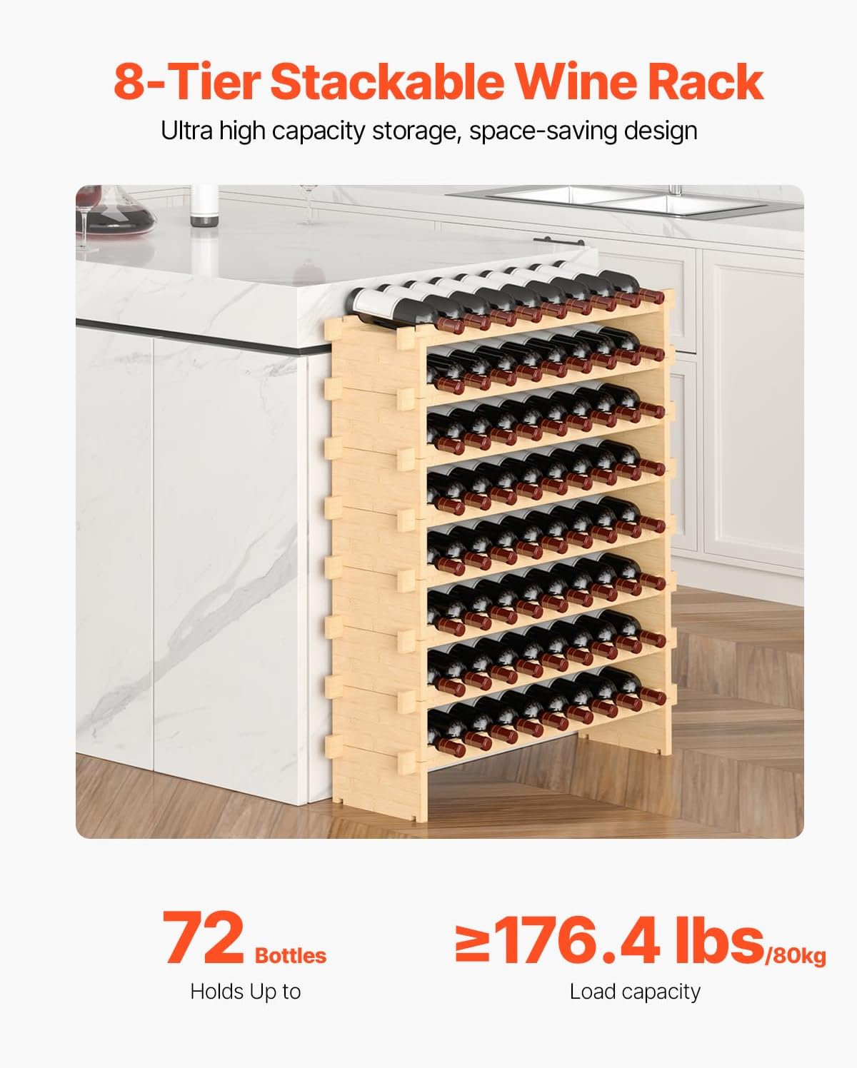 VEVOR Stackable Modular Wine Rack, 8-Tier 72 Bottles, Freestanding Wines Holder Display Shelf, Solid Bamboo Wood Storage Racks, Wobble-Free Shelves for Kitchens, Dining Rooms, Cellars, Natural Color