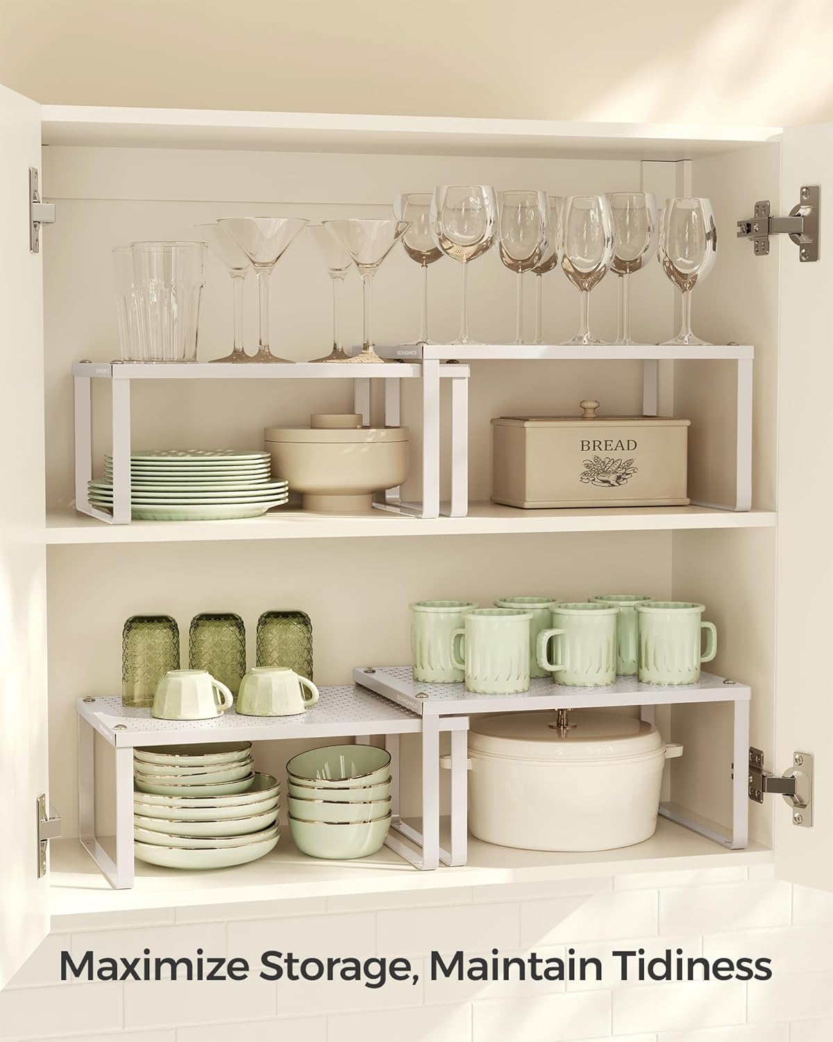 SONGMICS Spice Racks, Set of 2 Metal Cabinet Shelf Organizers, Countertop Organizers, Shelf Risers, Stackable, Expandable, Oatmeal Beige UKCS001K01