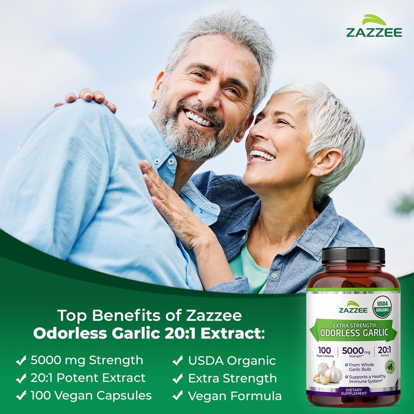 Zazzee USDA Organic Odorless Garlic 20:1 Extract, 5000 mg Strength, 100 Vegan Capsules, 3+ Month Supply, Standardized, Concentrated 20X Extract, 100% Vegetarian, All-Natural, Non-GMO, Made in The USA