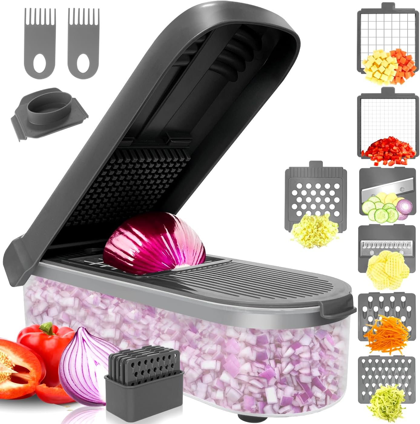 LHS Vegetable Chopper Multifunctional Food Chopper Onion Chopper Vegetable Slicer Dicer Cutter Potato Cutter Veggie Chopper with Container(10 in 1, Grey)