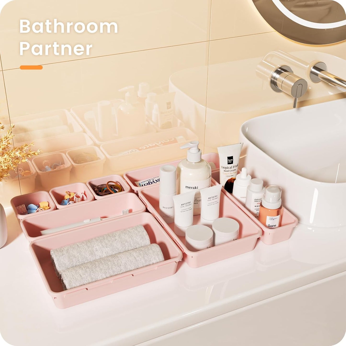 【𝟮𝟮𝗣𝗖𝗦】A-LUGEI Plastic Pink Desk Drawer Organizer, Bathroom Organizers and Storage, Makeup Organizer, Organization and Storage Bin Container for Vanity Office Utensils Gadget Tool Pantry Cosmetic