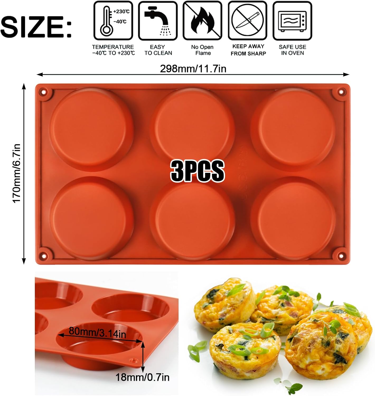 Palksky Silicone Egg Molds for Oven Baking, 3 Pcs 6-Cavity Silicone Egg Bite Molds for Breakfast Sandwiches, Non-Stick 3" Muffin Top Pans/Whoopie Pie Pan