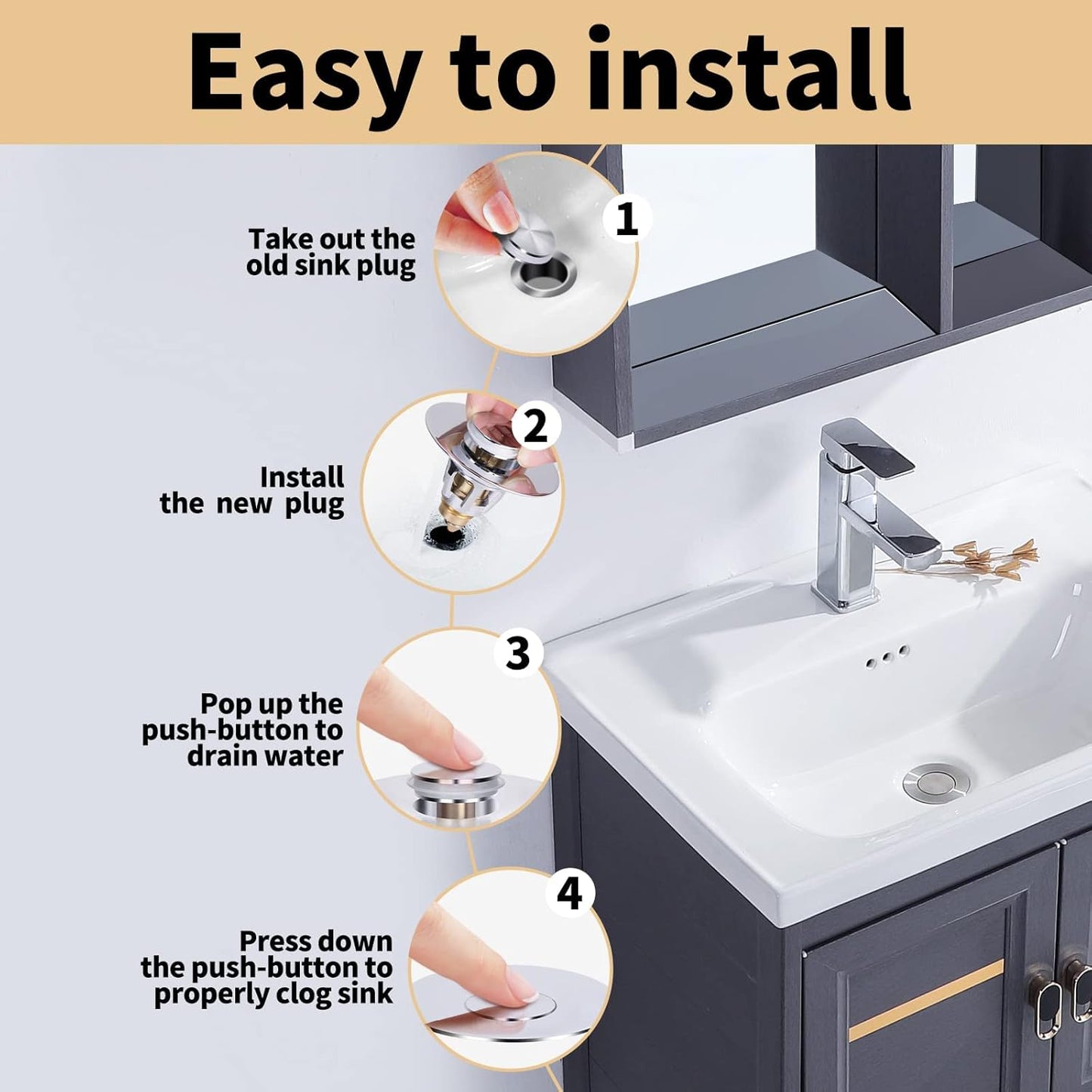 U.S. Standard Bathroom Sink Stopper 1.1"-1.5", Stainless Steel Universal Pop Up Drain Stopper for Bathroom Sink, Universal Drain Filter Drain Plug with Spring Core Push Type Converte