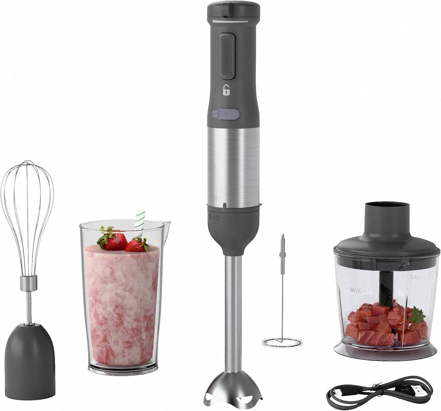 Cordless Immersion Hand Blender, 5-in-1 Variable Speed blender handheld,Rechargeable with 2000mAh Battery, BPA-Free & Dishwasher-Safe Accessories:700ml Beaker,Chopper,Whisk & Milk Frother,Grey