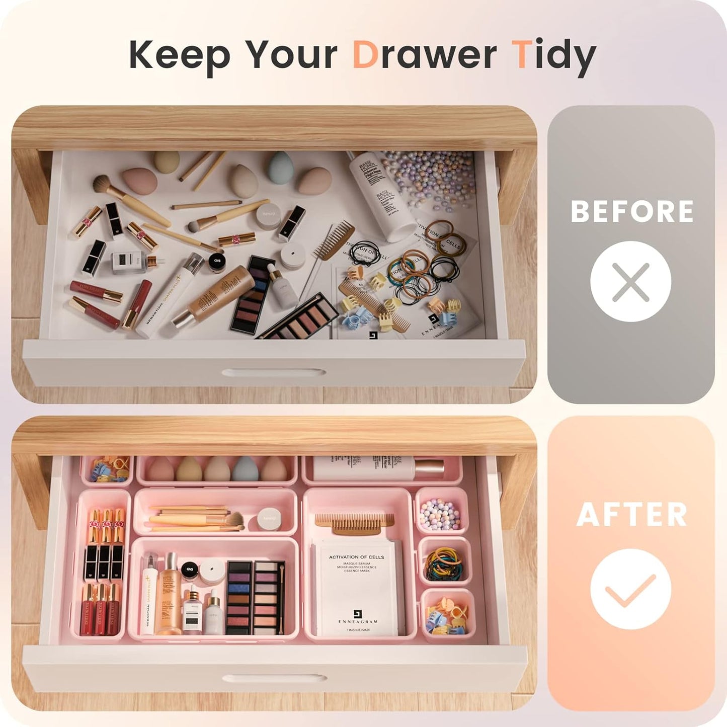 【𝟮𝟮𝗣𝗖𝗦】A-LUGEI Plastic Pink Desk Drawer Organizer, Bathroom Organizers and Storage, Makeup Organizer, Organization and Storage Bin Container for Vanity Office Utensils Gadget Tool Pantry Cosmetic