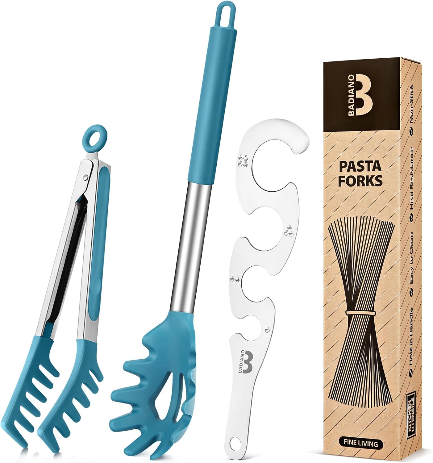 Silicone Spaghetti Spoon & Pasta Tong With Pasta Measurer, 3 Pack of Non-Stick Stainless Steel Handle Pasta Fork Set with Teeth, Food Clip for Easy Serving of Noodles (BLUE)