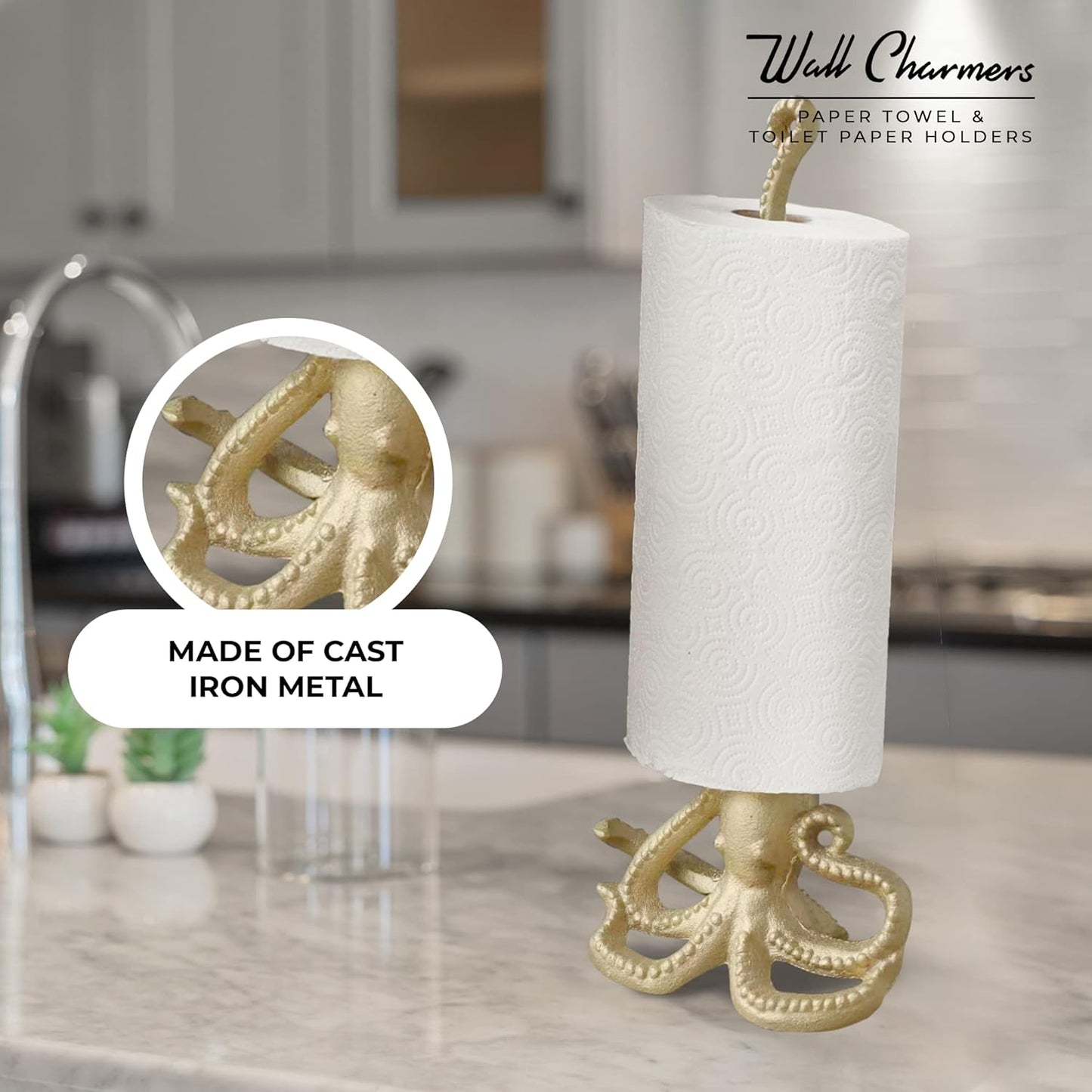 WallCharmers Gold Paper Towel Holder, Metal Toilet or Kitchen Paper Holder for Floor or Countertop, Gold Octopus
