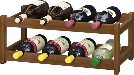BAMEOS Bamboo Wine Rack, 2 Tier Wine Racks Countertop Storage, Wine Bottle Holder Wine Rack freestanding Floor for Kitchen, Bar, Pantry, Wine Cellar, Basement,Study，Maroon (16.85 L x 9.25W x 7H)