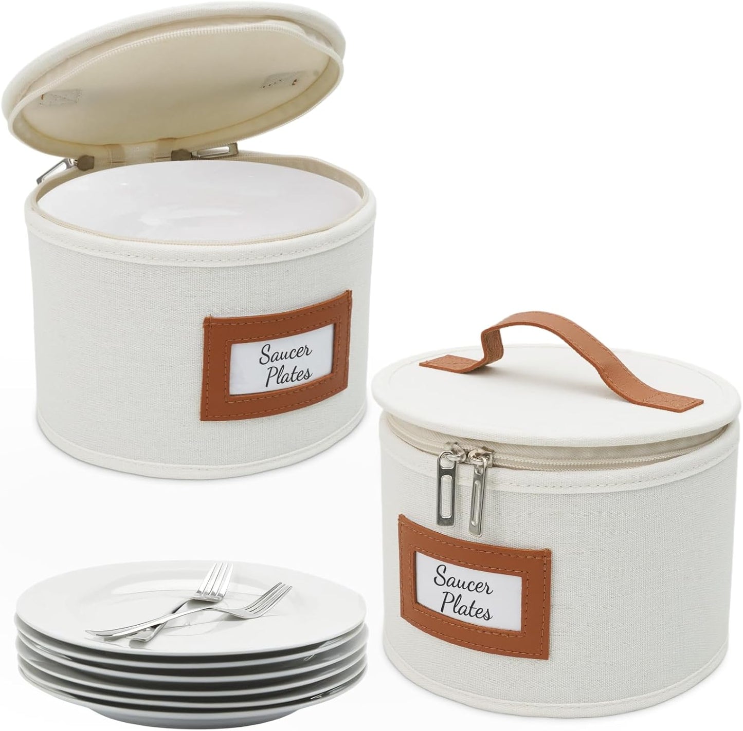 HOMELUX THEORY Saucer Plate Storage Box, 2pc Ivory Hard Shell China Storage Containers Thick Surfaces Lid & 24 Felt Pads, Heavy Duty Moving Box with Handles for Dishes, Dinner Plate, & Dinnerware