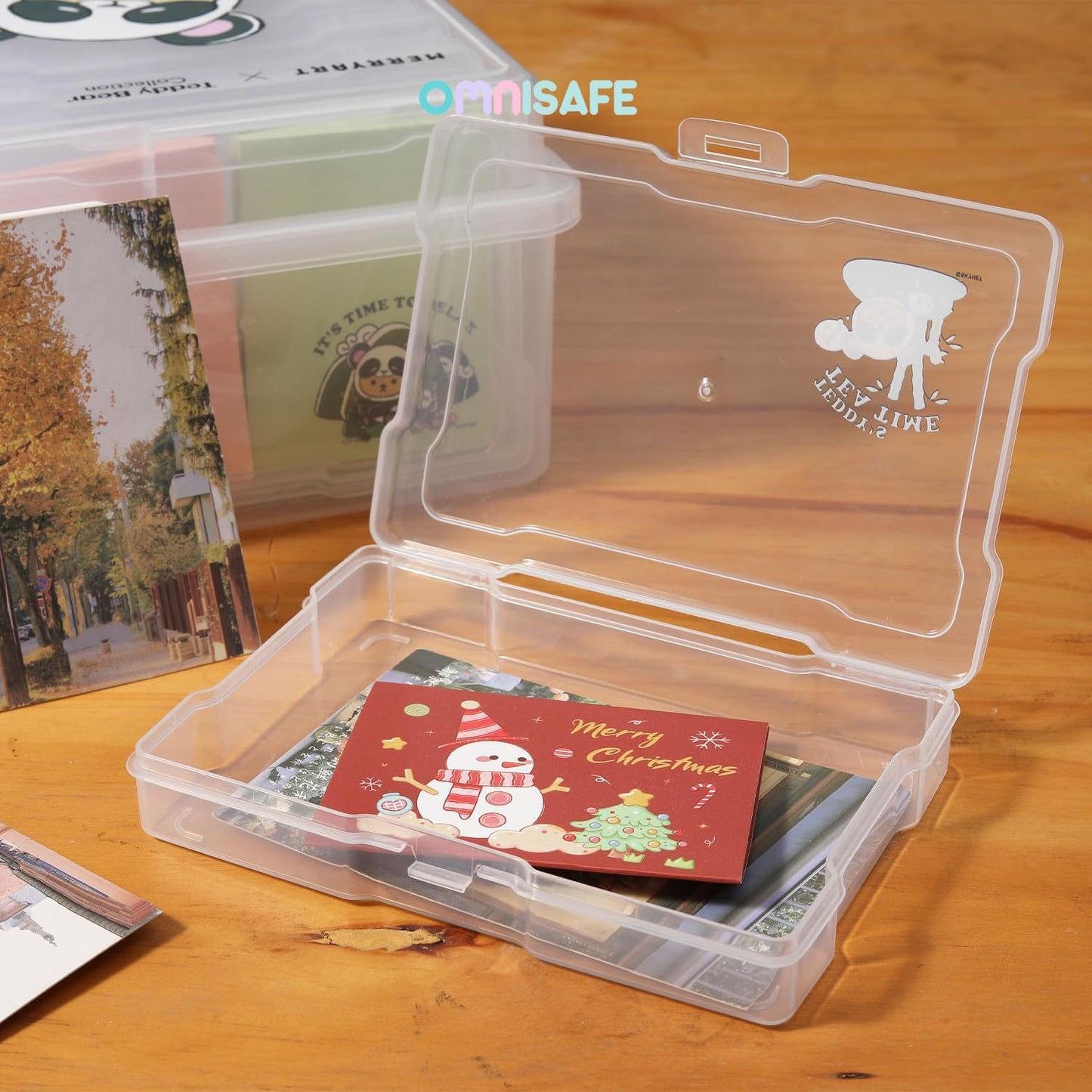 OMNISAFE 4x6 Photo Organizer Cases, Teddy Bear 16 Pack Plastic Craft Storage Container, Box for Pictures, Crafts, Scrapbooking, Transparent Photo Keeper with Handle (Panda Brown)