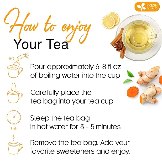 FreshDrinkUS, Premium 75 Turmeric Cinnamon Tea Bags, 100% Natural, Blend of Turmeric, and Cinnamon. Made with Natural Material Tea Bags. No Sugar. No Caffeine. Vegan.
