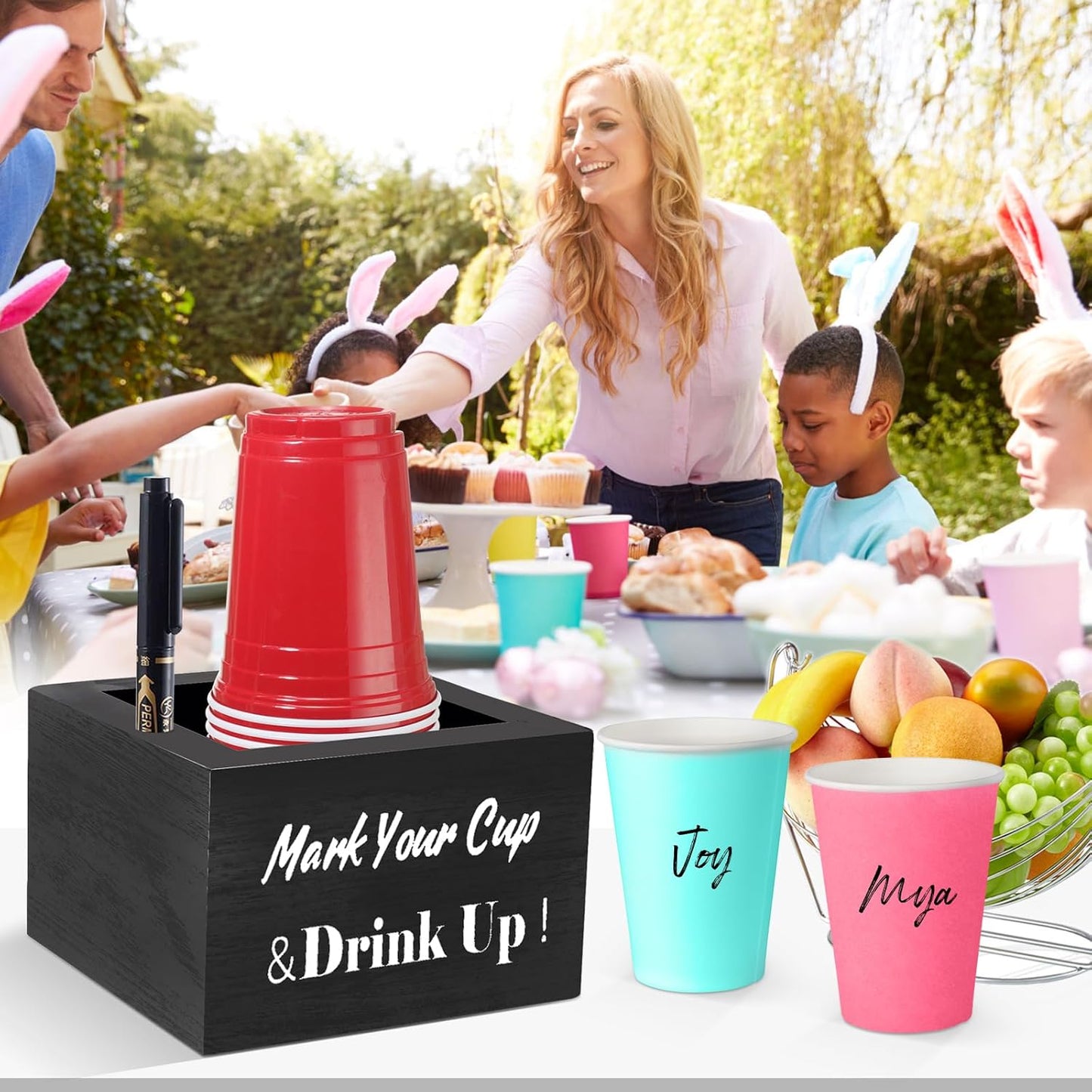 Wooden Party Cup Holder - With Marker Slot, Rustic Disposable Cup Holder for Bar, Kitchen, Countertop, Home & Office, Black