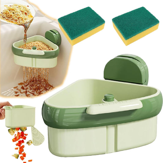 Suction Cup Sink Corner Rack, 2025 New Upgraded Sink Strainer Basket, Automatic Dumping Sink Strainer Basket, Triangular Sinks Basket Shelf with Suction Cup Sucker (Green)