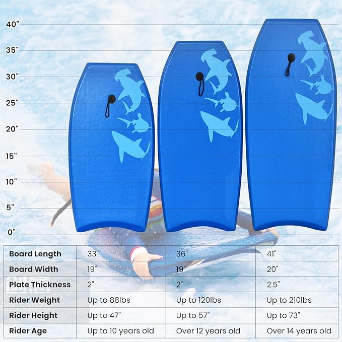 KOTEK 33/37/41 Inch Body Board with Wrist Leash, EPS Core, Dual Channel, HDPE Slick Bottom, Bodyboard for All Skill Levels & Wave Conditions