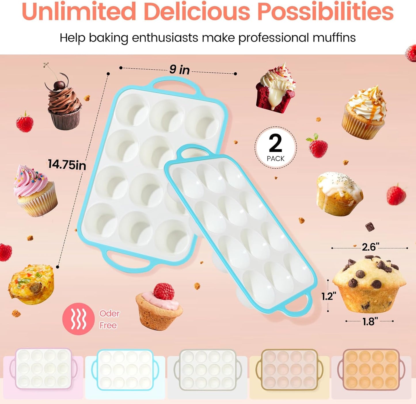 Silicone Muffin Pans for Baking 2 Pack, 2.6 Inch with Metal Reinforced Frame, Regular Size Nonstick Cupcake Pan 12 Cups for Baking Homemade Muffins, Dishwasher Safe BPA Free-Blue