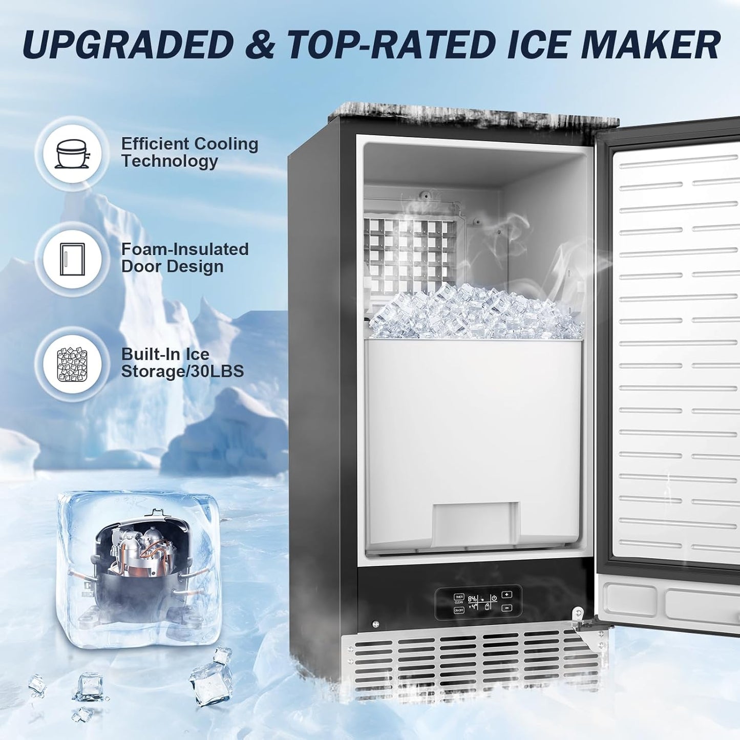 Under Counter Ice Maker Machine Commercial - 120LBS/24H with 30lbs Ice Storage Bucket & Reversible Door, Built-in Freestanding Ice Machine, Automatic Cleaning/24 Hours Timer, For Home & Commercial Use