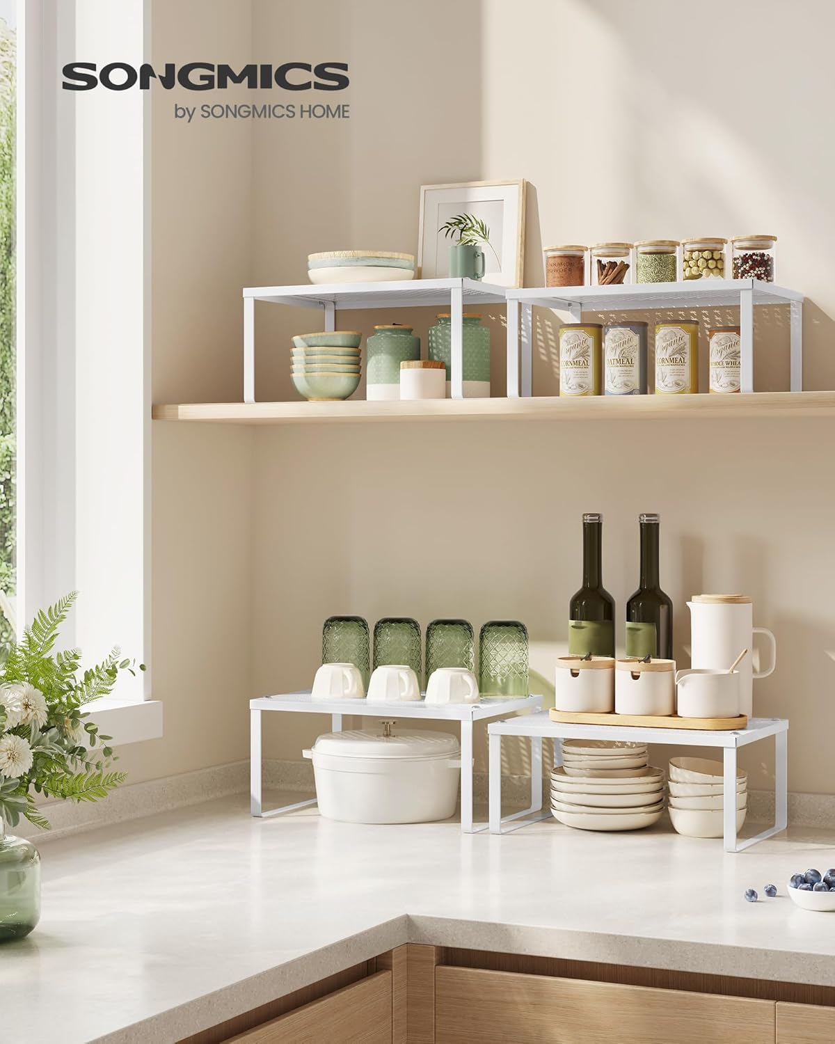 SONGMICS Spice Racks, Set of 4 Metal Cabinet Shelf Organizers, Countertop Organizers, Shelf Risers, Stackable, Expandable, White UKCS006W01