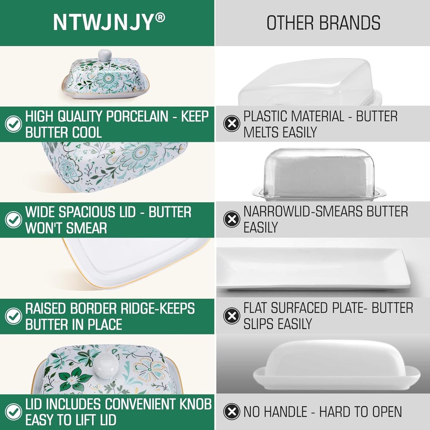 Butter Dish With Lid For Countertop-Ceramic Butter Dish with Knob Handle-Dishwasher Safe Butter Keeper&Serving Tray,Large Storage Keeper Holder for Kitchen-Elegant Gift for Women,Mothers,Housewarming