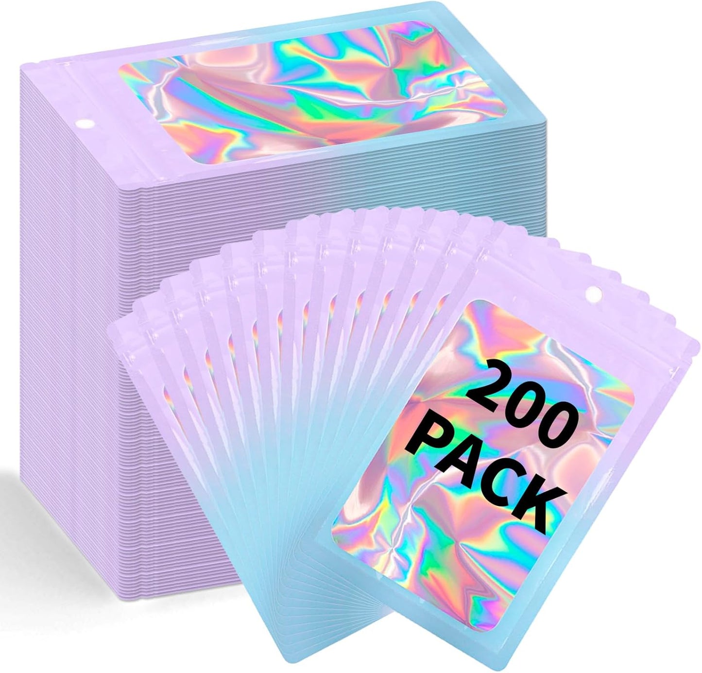 200 Pack Resealable Mylar Holographic Bags Food Storage Smell Proof Bags with Front Window Foil Packaging Pouch for Candy Sample Jewelry Small Business 3.15×5.51 Inch, Pink Fade Blue