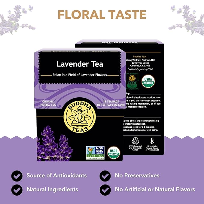 Buddha Teas - Organic Lavender Tea - Herbal Tea - For Health & Wellbeing - With Antioxidants & Minerals - Clean Ingredients - Caffeine Free - OU Kosher & Non-GMO - 18 Tea Bags (Pack of 3)