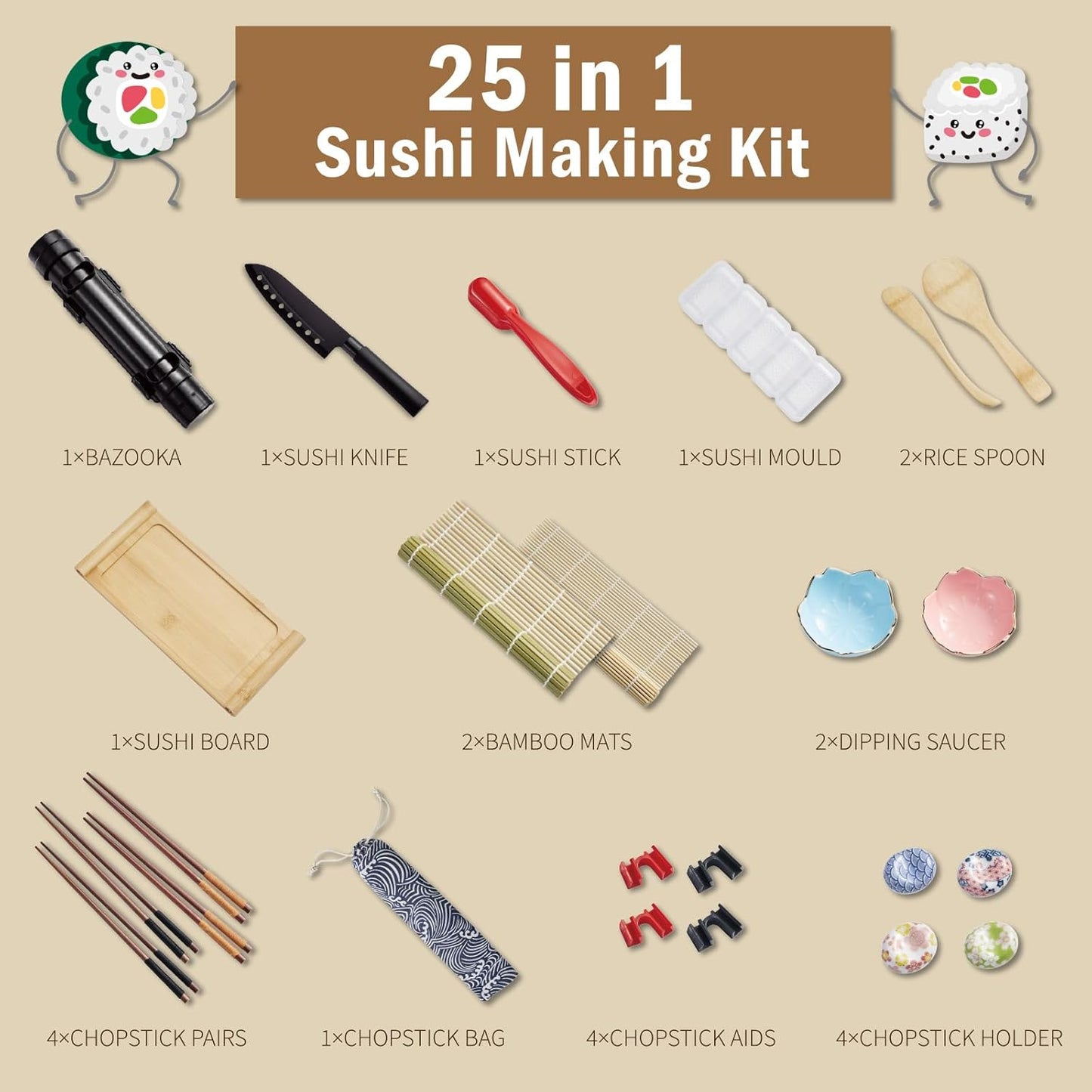 Deluxe Sushi Making Kit 25-in-1 Bazooka Roller Set, Bamboo Mat,Knife,Sauce Tray,Japanese Sashimi Sushi Bamboo Serving Geta Plate,and More - Perfect for Beginners