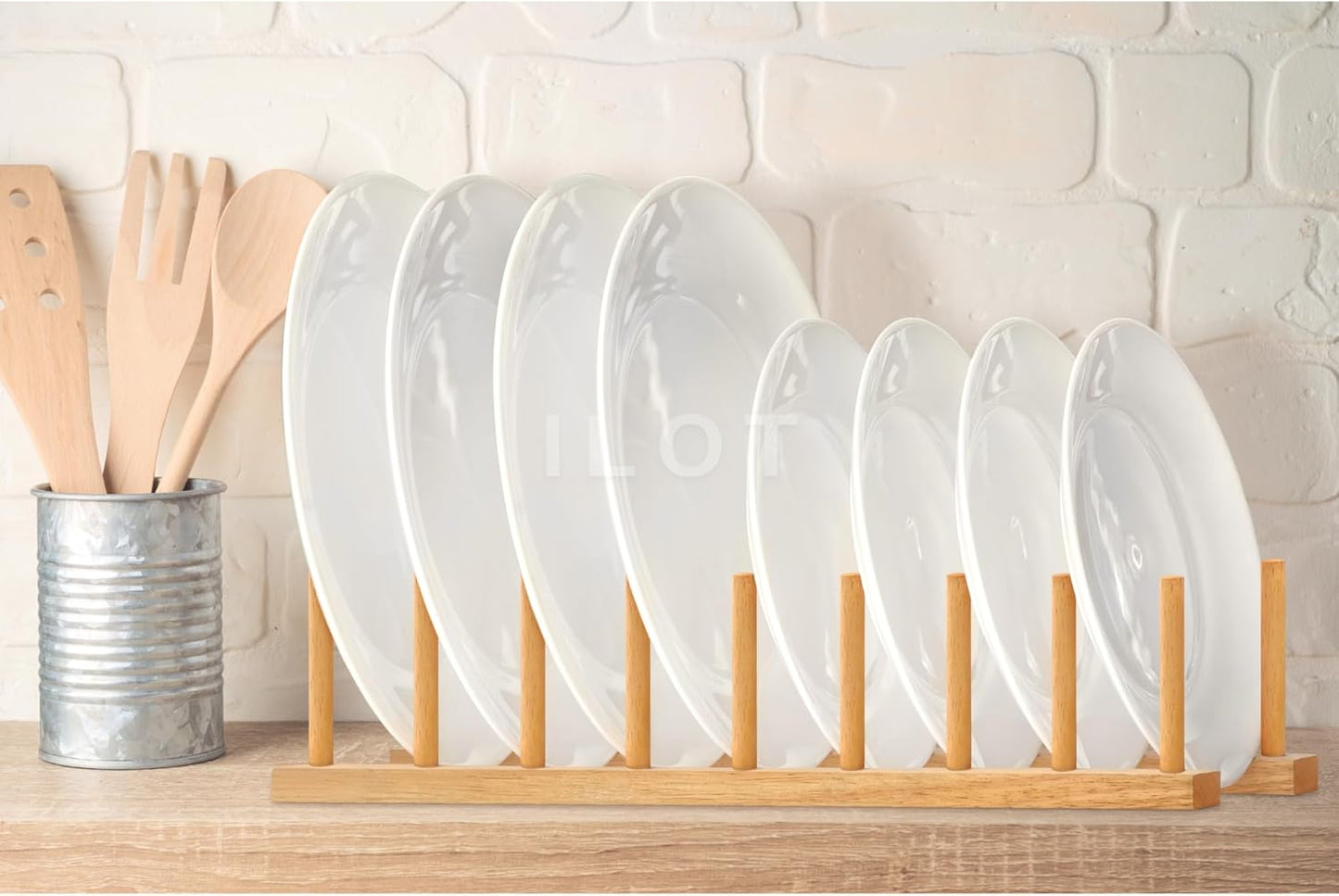 Solid Wood Kitchen Dish Drying Rack Plate Organizer for Kitchen Display Countertop (Pack of 2)