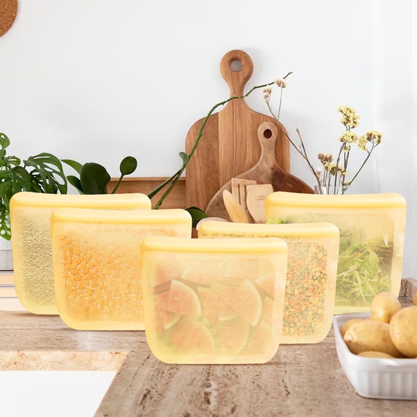 purifyou Set of 5 Reusable Silicone Storage Snack Bags 6oz / 16oz / 32oz / 64oz Self-Seal Food Storage Container for Fruits, Vegetables, Sandwiches, Dishwasher Safe & Leak-free (PastelYellow, 64oz)