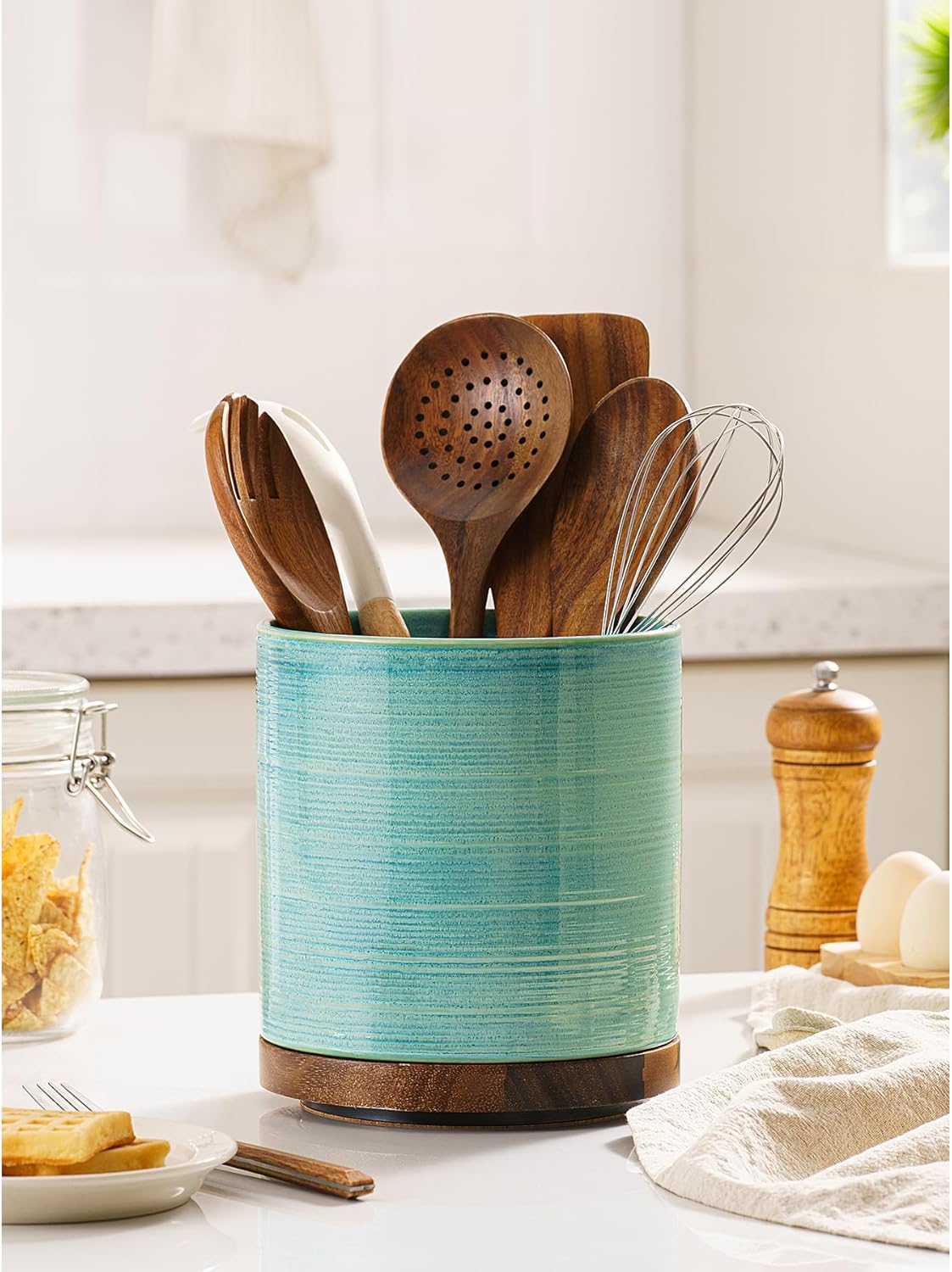 Utensil Holder, 360° Rotating Extra Large Ceramic Kitchen Utensil Holder for Countertop, Cooking Utensil Crocks for Counter with Rotatable Wooden Base, Farmhouse Kitchen Decor, Green