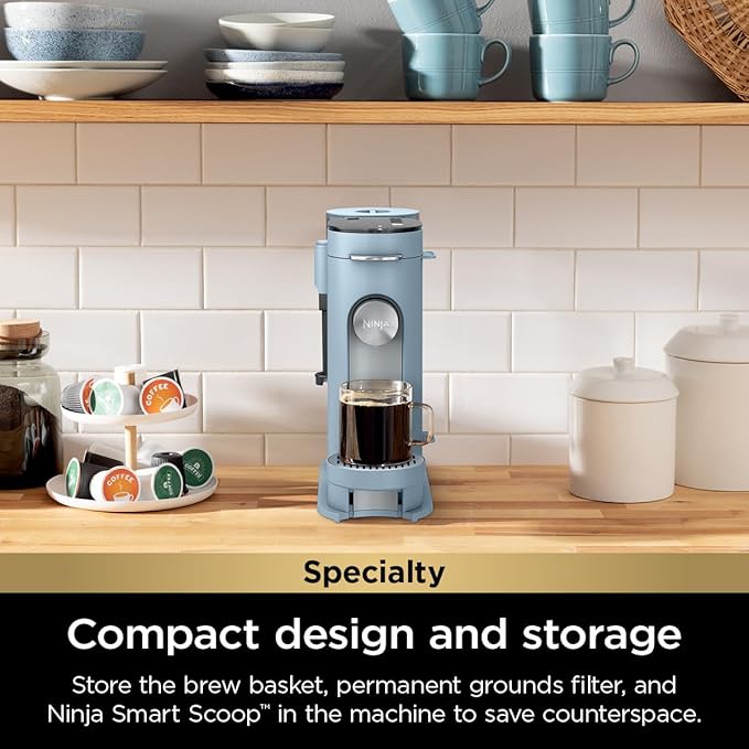 Ninja Pod & Grounds Specialty XL Single-Serve Coffee Maker, K-Cup Pod Compatible, Brews Grounds, Compact Design, Built-In Milk Frother, 68-oz. Reservoir, 6oz. Cup-24oz. Mug Sizes, Denim Blue, PB055ABL
