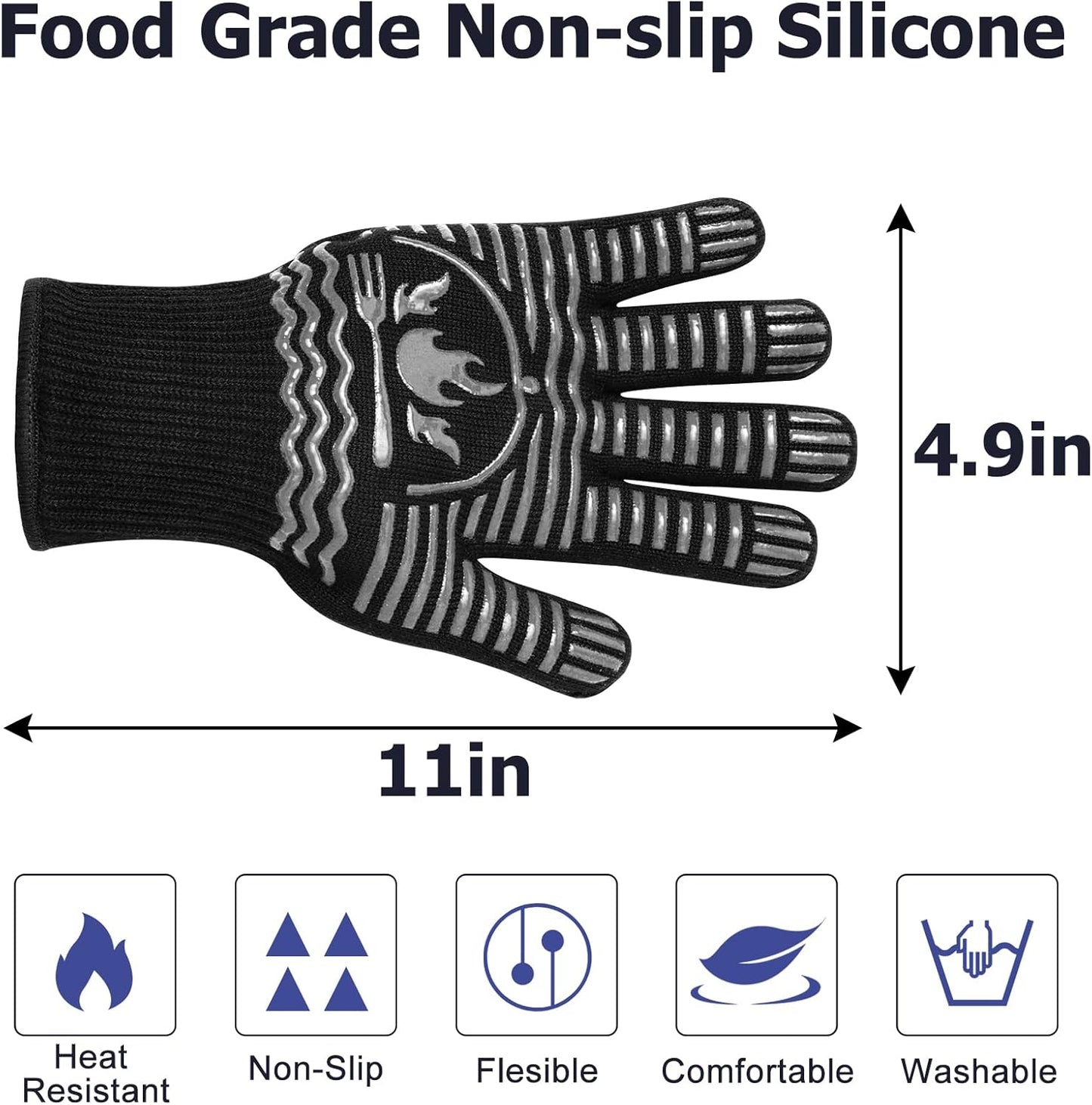 BBQ Gloves, 1472°F Extreme Heat Resistant Grill Gloves, Non-Slip Food Grade Silicone Oven Mitts for Kitchen, Cooking, Barbecue, Baking, Smoker Gray(11inch)