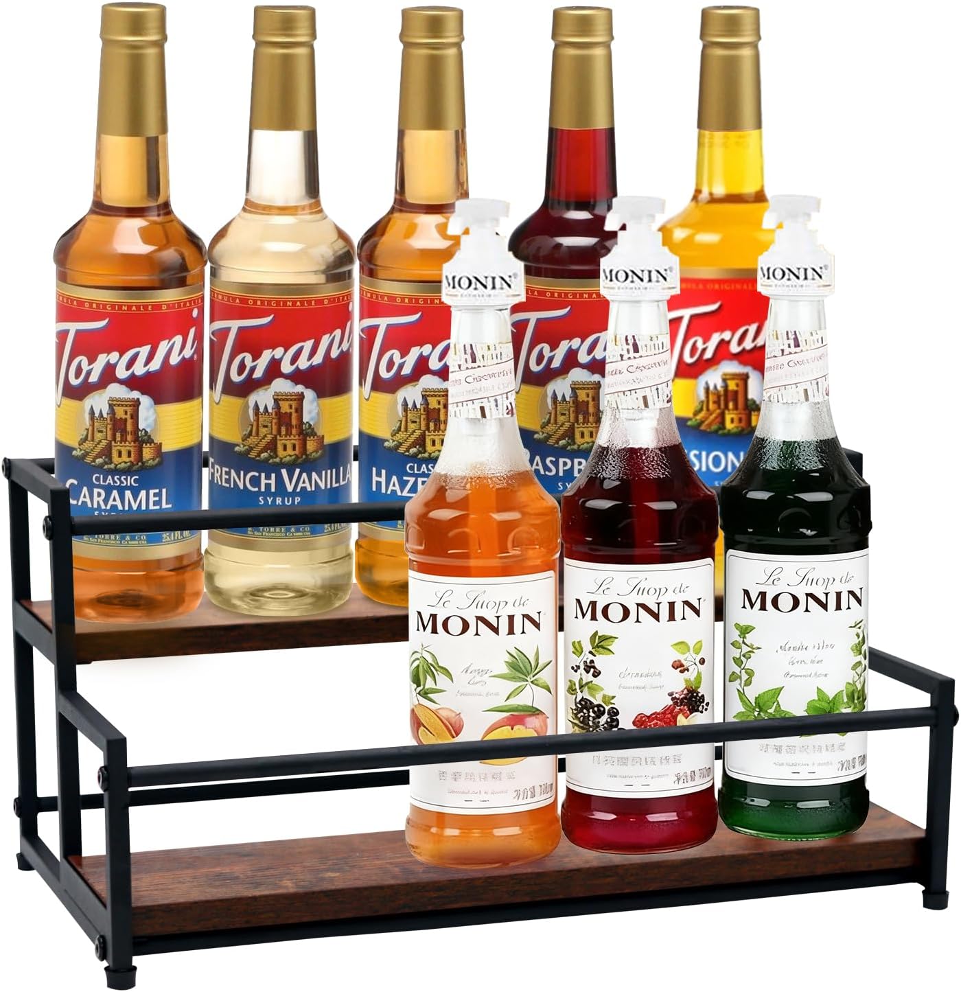 Coffee Syrup Rack Organizer - 2-Tier 10 Syrup Bottles Holder for Coffee Bar, Liquor Bottle Display Shelf - Rustic Kitchen Cabinet for Spices, Jars - Stepped Pantry Shelf for Syrup, Wine, Tea & Coffee