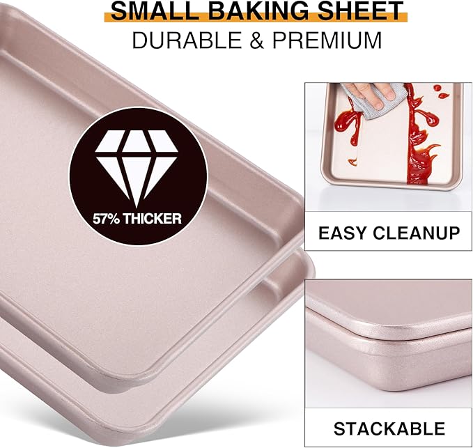 HONGBAKE Toaster Oven Pan Nonstick Set of 2, Premium 1/8 Sheet Pan for Baking, Small Cookie Sheet Tray, Dishwasher Safe and Heavy Duty - Rose Gold