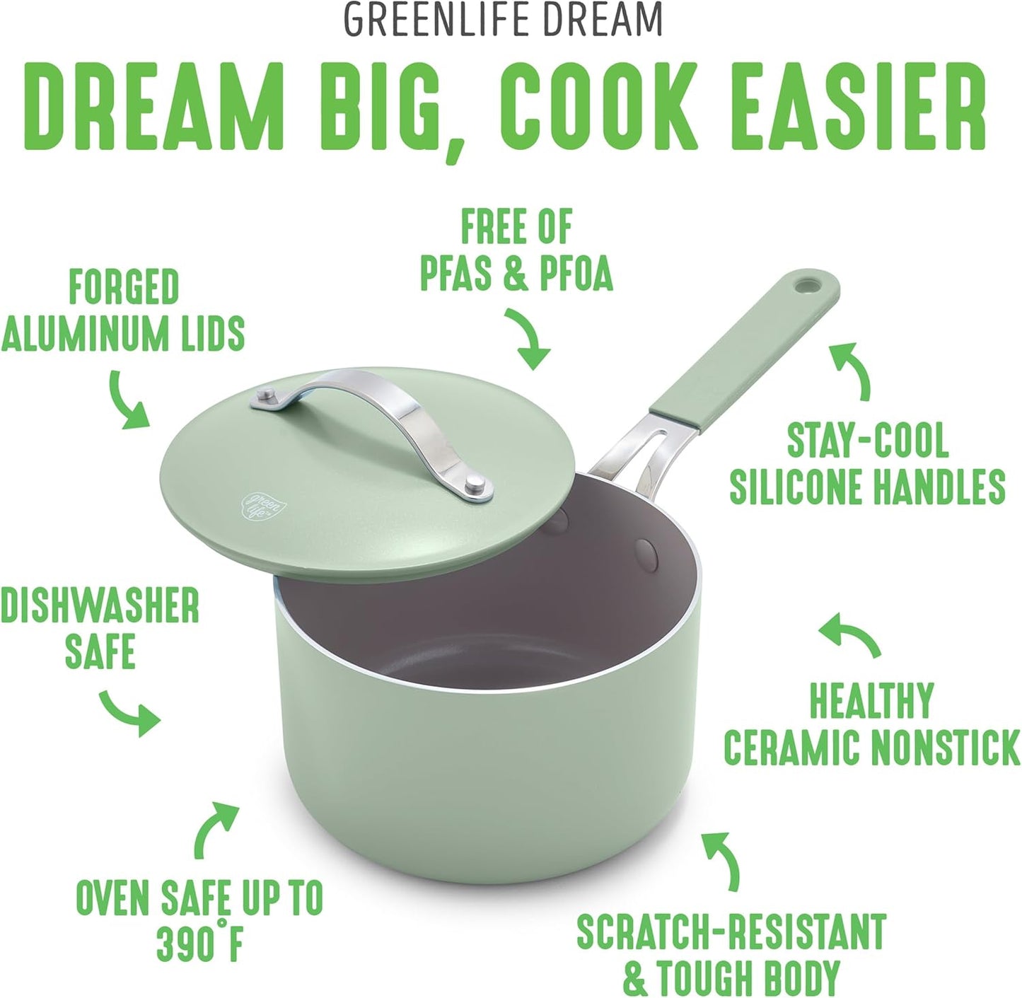 GreenLife 2 Quart Nonstick Saucepan with Lid, Lightweight Healthy PFAS-Free Milk Pan, Dishwasher & Oven Safe Soup Pan, Durable Body, Silicone Stay-Cool Handle, Easy Release Chef’s Pan, Sage Green