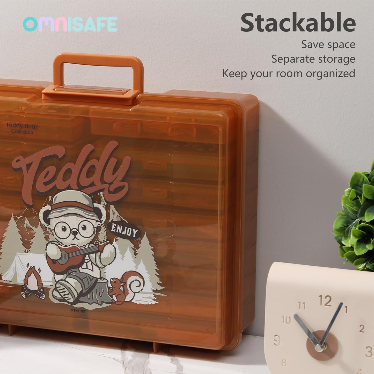 OMNISAFE 4x6 Photo Organizer Cases, Teddy Bear 16 Pack Plastic Craft Storage Container, Box for Pictures, Crafts, Scrapbooking, Transparent Photo Keeper with Handle (Camping Brown)