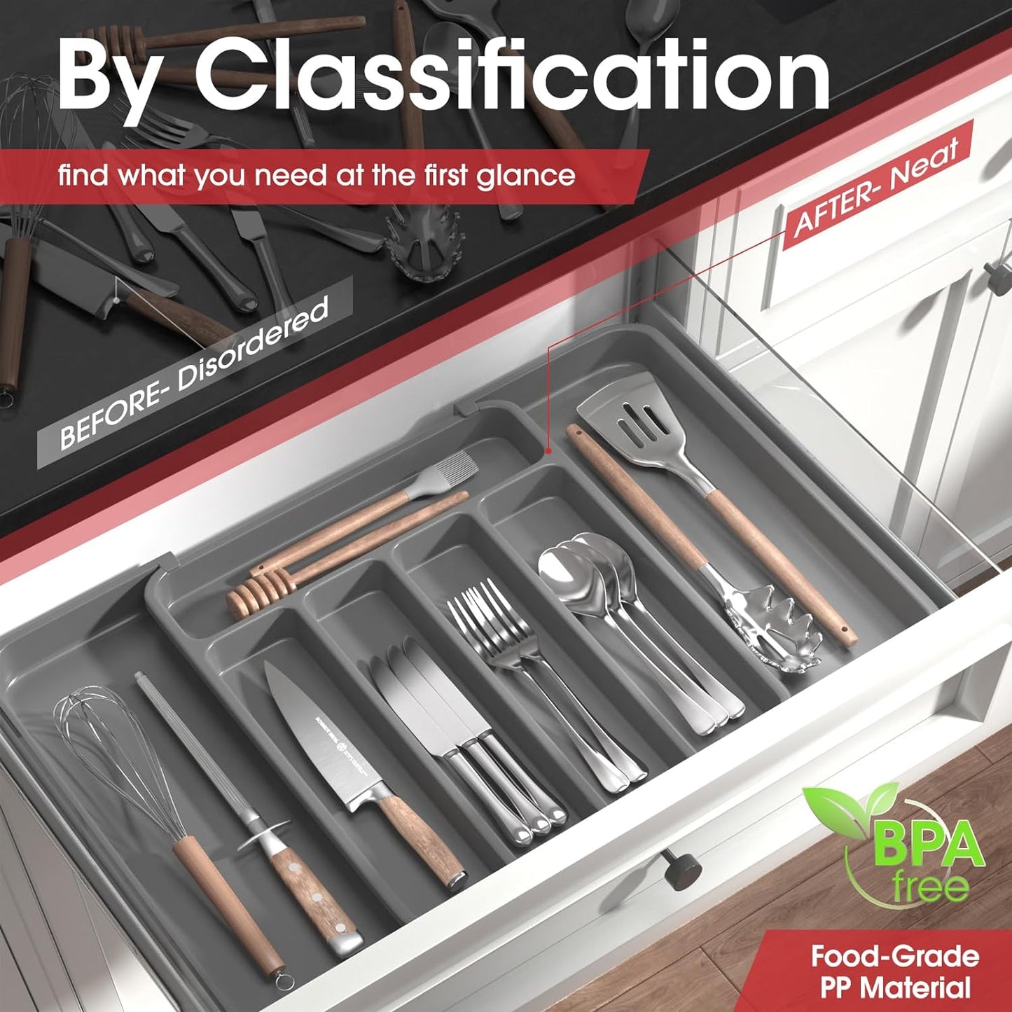 Aujen Silverware Organizer - Expandable Kitchen Drawer Organizer, Adjustable Utensil Organizer, Cutlery Tray for Forks, Knives, Multipurpose Kitchen Organizers and Storage Solution, Grey, Medium