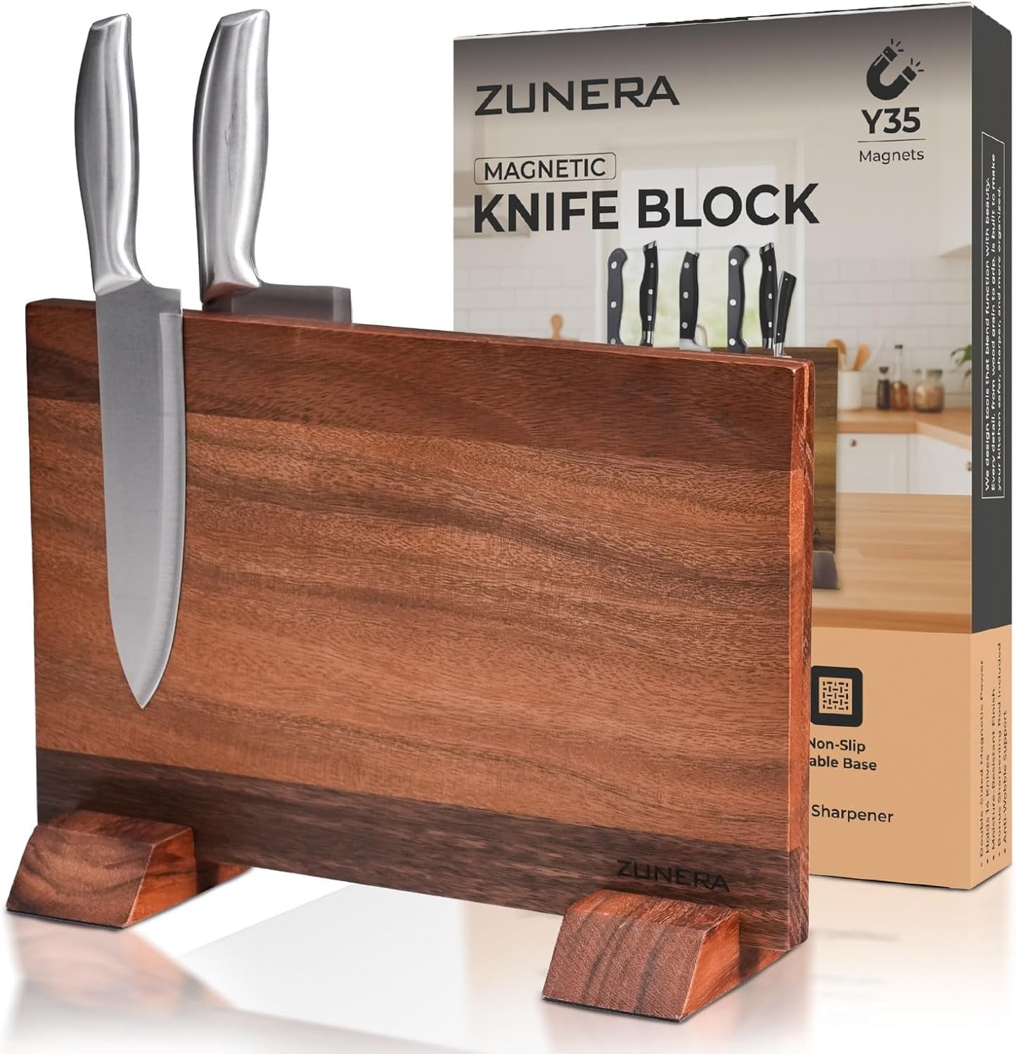 Double-Sided Magnetic Knife Block – 13.8.5 x 9.1 Inch Walnut Wood Knife Holder with 24 Powerful Magnets, Universal Knife Storage Stand with Non-Slip Base & Sharpening Rod
