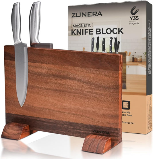 Double-Sided Magnetic Knife Block – 13.8.5 x 9.1 Inch Walnut Wood Knife Holder with 24 Powerful Magnets, Universal Knife Storage Stand with Non-Slip Base & Sharpening Rod