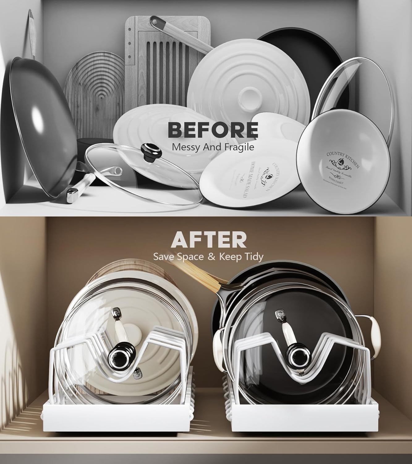 Pull Out Pots and Pans Organizer Under Cabinet, Sliding Lid Holder and Pan Rack in Kitchen, Slide Out inside Cabinet Storage for Pot Lid, Bakeware, Dishes, 8 Adjustable Dividers, 2 Pack White