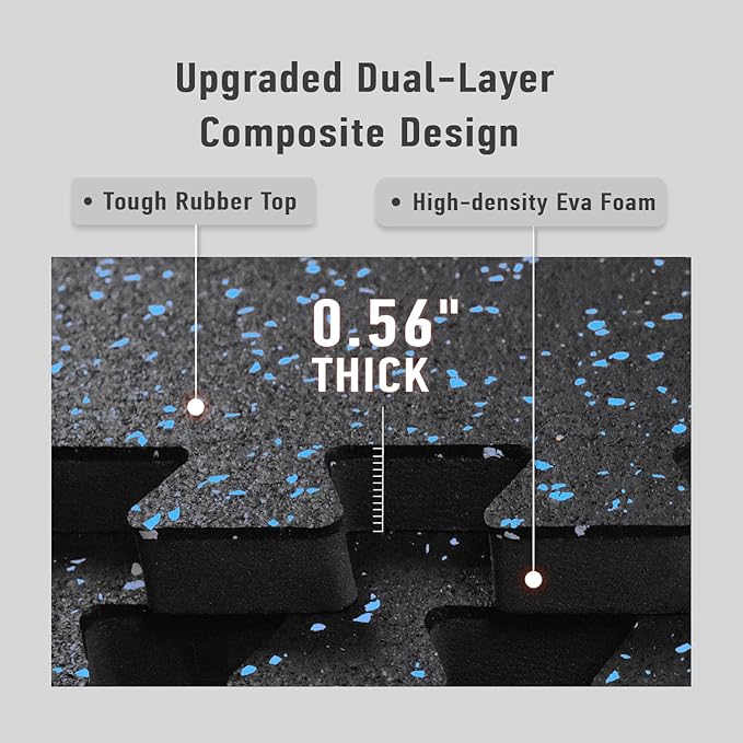 AIRHOP 0.56in Thick 96 Sq Ft Exercise Equipment Mats, 24Tiles Upgraded Rubber Top with High Density EVA Foam, Large Interlocking Puzzle Gym Flooring for Home Gym, Heavy Weight Workout, Black & Blue