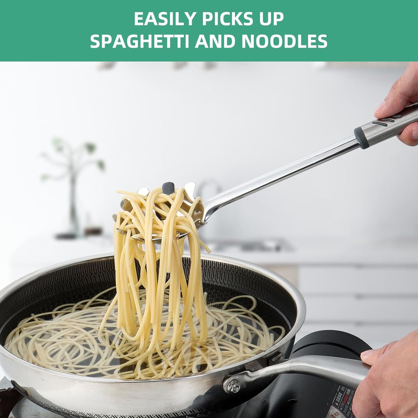 Spaghetti Spoon, Stainless Steel Pasta Fork for Serving and Cooking, 13.4 Inch Pasta Spoon with Teeth for Noodles, Ramen and Tagliolini, Comfortable Grip Design, Silver