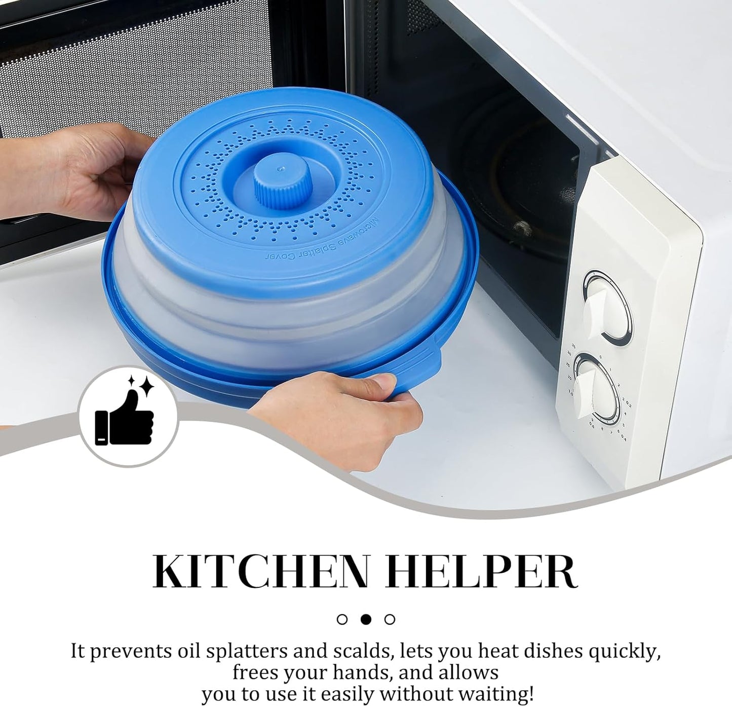 10.7 Inch Microwave Food Cover with Heat Insulation Mat, Anti-Scald Collapsible Microwave Splatter Cover, Multi-Functional as Colander & Fruit Plate, Dishwasher Safe, Ideal for Meal Prep (Dark Blue)