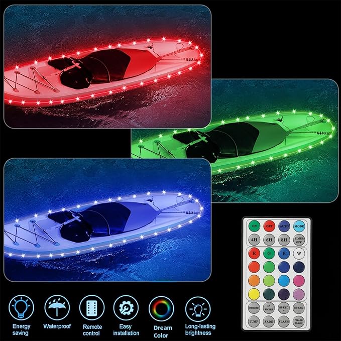 Kayak Paddle Board Lights Kit, IP68 Waterproof Dream Color SUP Glow Lights with Remote, Battery Powered Boat Light for Night Kayaking SUP Canoes, Marine Pontoon Boat Light (24FT)