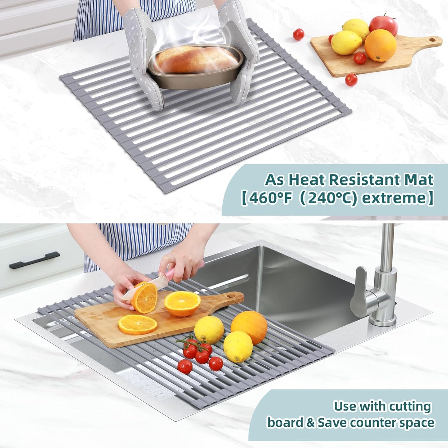 Ohuhu Dish Drying Rack Over The Sink, Roll Up Sink Rack 20.5" W x 13.1" L Rolling Dish Drainer Foldable Accessories Heat-Resistant Mat Anti-Slip Silicone Coated for Kitchen Counter