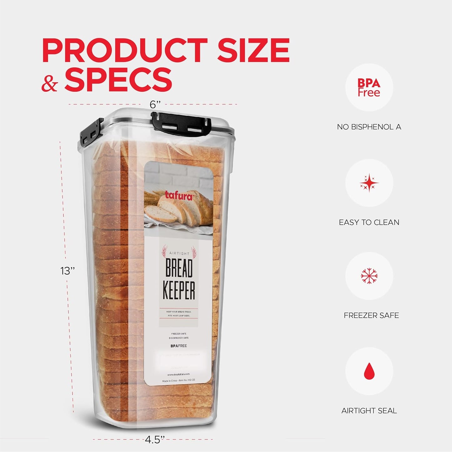 Tafura Bread Container - 5.8 Liter BPA Free Plastic Bread Box - Container/Holder for Homemade Loaves and Baked Goods with Black Airtight Lid