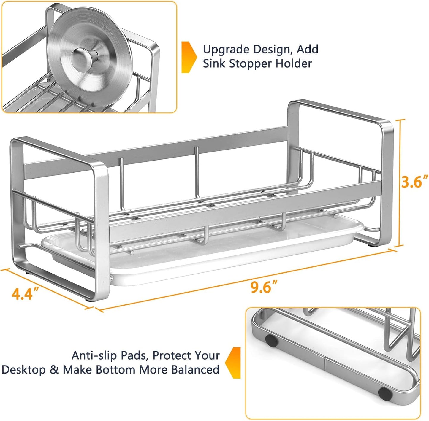 FANGSUN Large Sponge Holder for Kitchen Sink, 304 Stainless Steel Sink Caddy Organizer with Removable Drip Tray, Kitchen Countertop Dish Soap Holder, Not Include Soap Dispenser, Grey