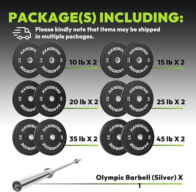 Olympic Bumper Plates Set 2 Inch, 10-55 lbs Rubber Weight Plates with 45 lb (20kg) Black/Silver Barbell, Strength Training & Weight Lifting for Home Gym