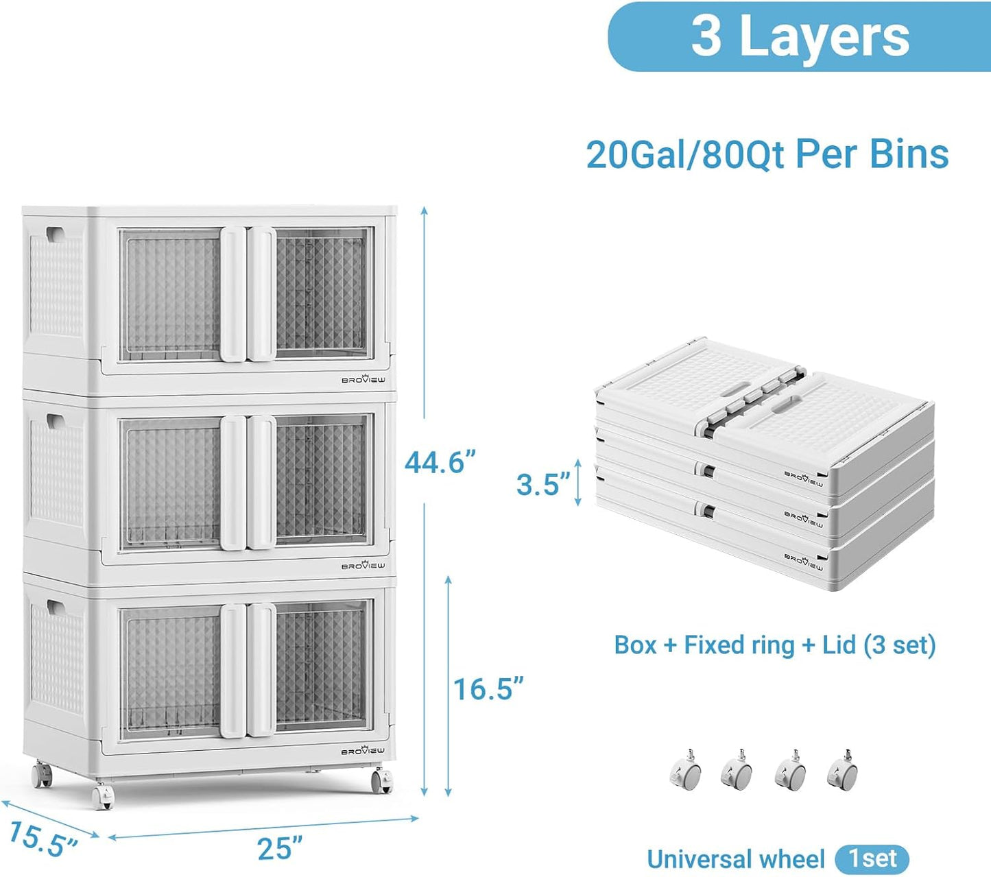 300Qt Stackable Storage Bins with Lids, 75Gal Closet Organizers and Storage Drawer, Plastic Collapsible Storage Bins with Doors, Heavy Duty Store Box Cabinet for Home Office, 3Pack White