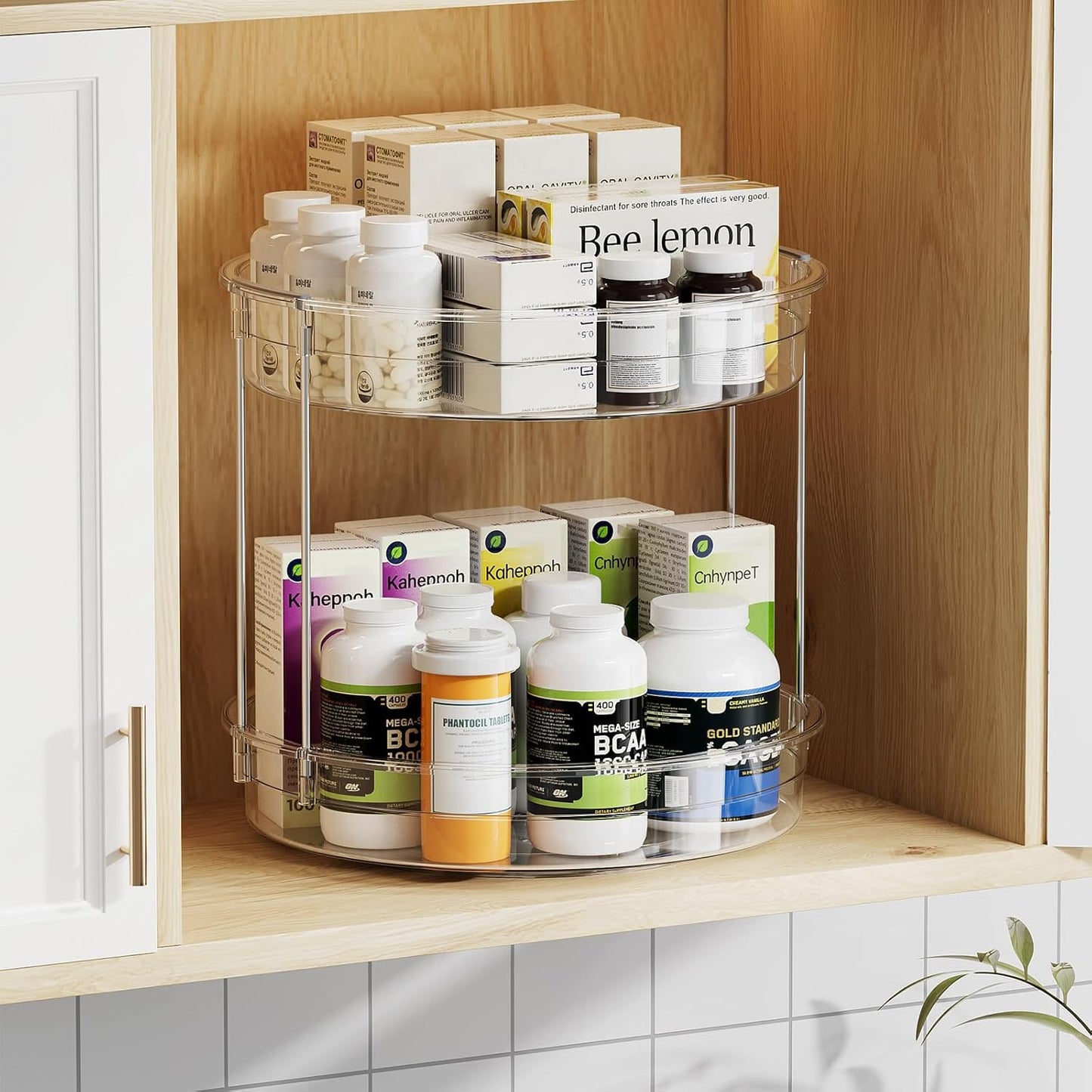 LAMU 12inch 2 Tier Lazy Susan Turntable Organizer Rotating Spice Rack Organization for Cabinet, Kitchen, Pantry, Countertop, Bathroom, Vanity, Medicine Cabinet Organizer, Clear