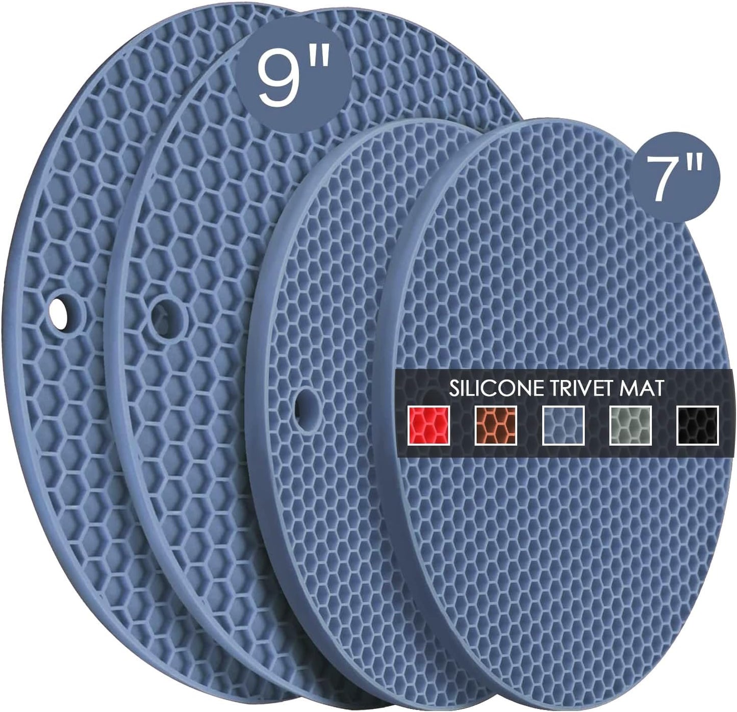 Silicone Trivets for Hot Dishes, Multi-Purpose Pot Holders 4PCS 2 Sizes 7 Inch & 9 Inch, Heat Resistant Non-Slip Silicone Trivet Mats Hot Pads for Kitchen Counter, Trivet for Hot Pots and Pans (Blue)