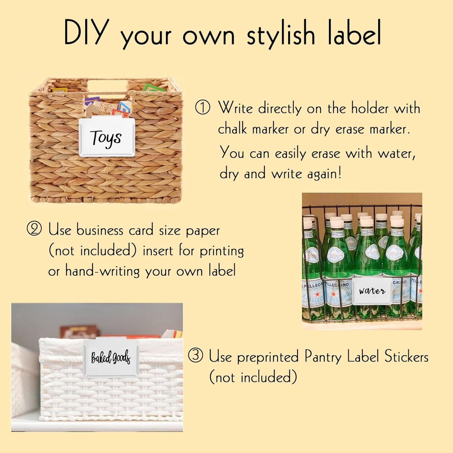 Basket Labels Clip on | Label Holders for Basket or Storage Bins Includes White Chalk Markers (8 White Holders + 2 Black Chalk Makers)